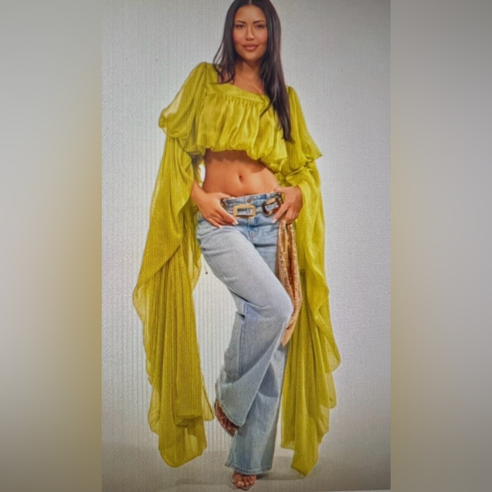 AKIRA Statement Blouse Green Long Sleeve Slouchy Cropped - S